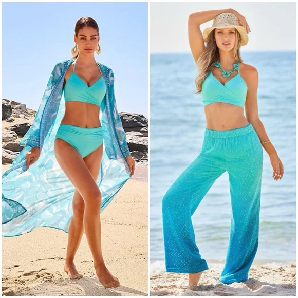 Carmen Marc Valvo by BOSTON PROPER Underwire Wrap Sunset Waves Print Bikini Top - Picture 12 of 13